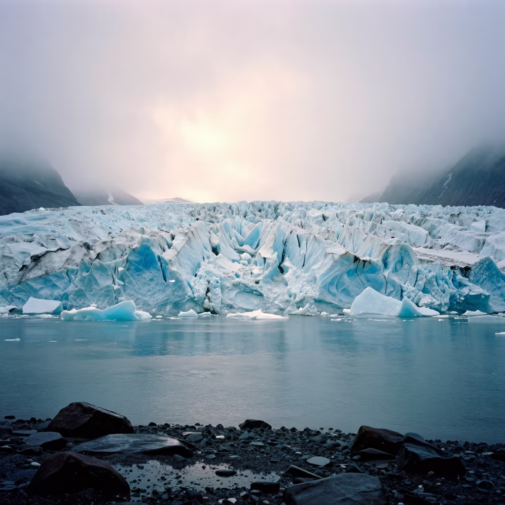 Glacier Calving into Turquoise Water at First Light in across a floodplain after rain in Canada