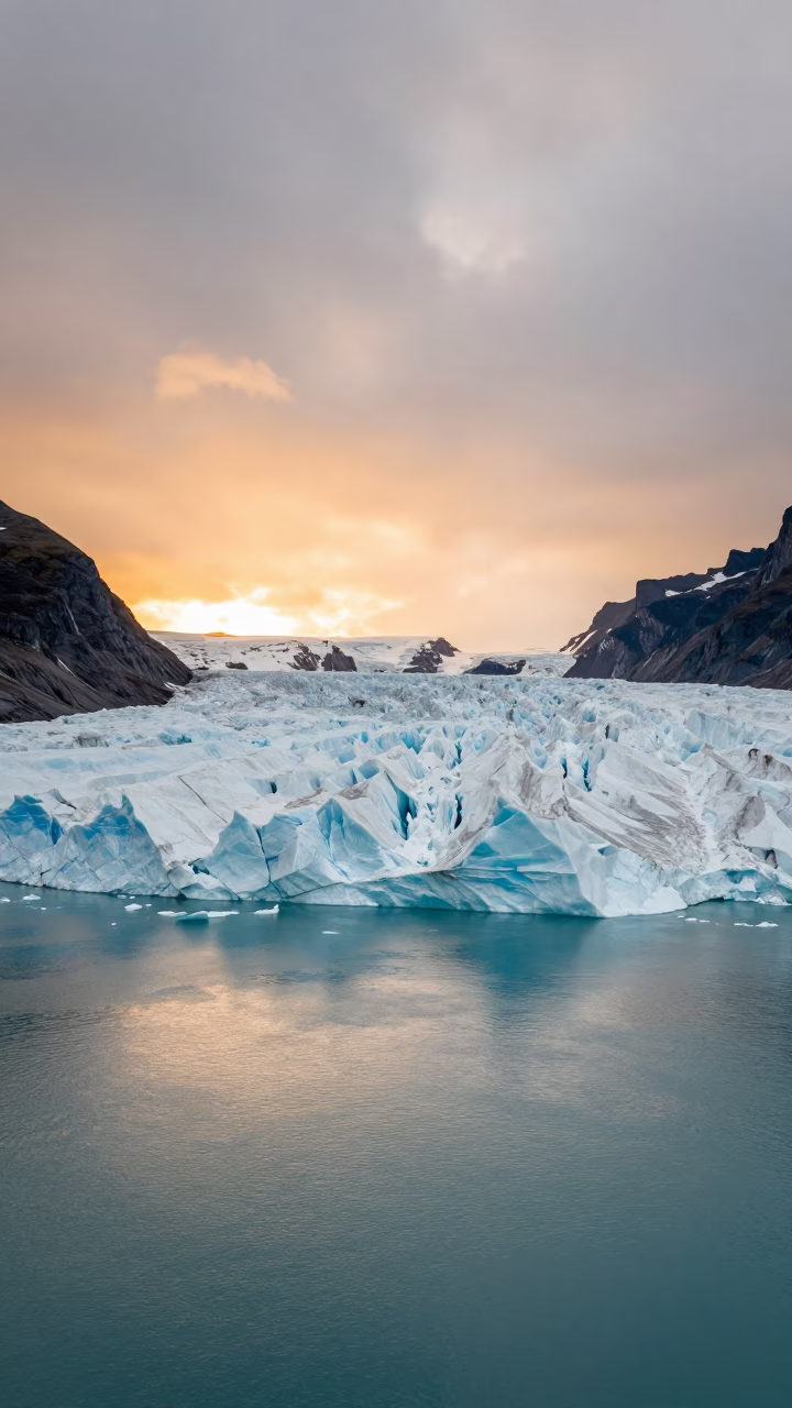Glacier Calving into Turquoise Water in across a wide valley floor in Lapland
