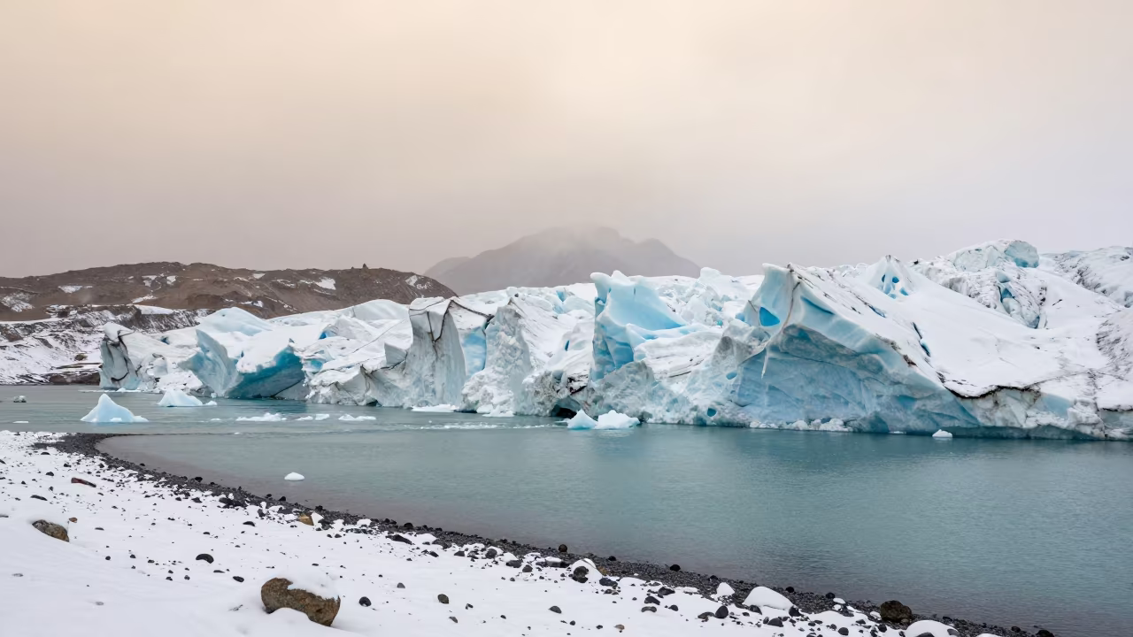 Glacier Calving into Turquoise Water Tibet in along a wave-cut shoreline in Tibet