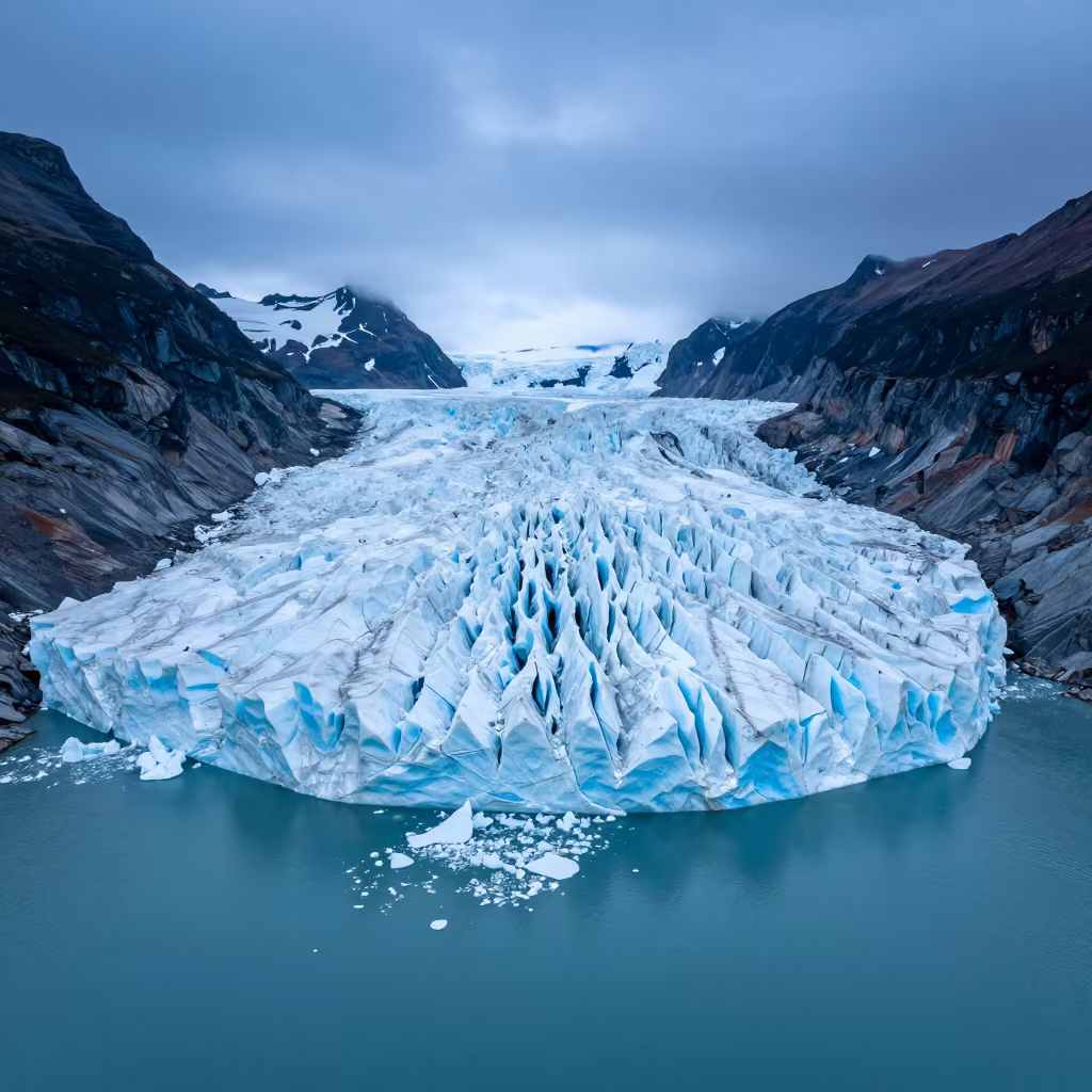 Glacier Calving into Turquoise Waters at Twilight in across a wide valley floor in Ontario