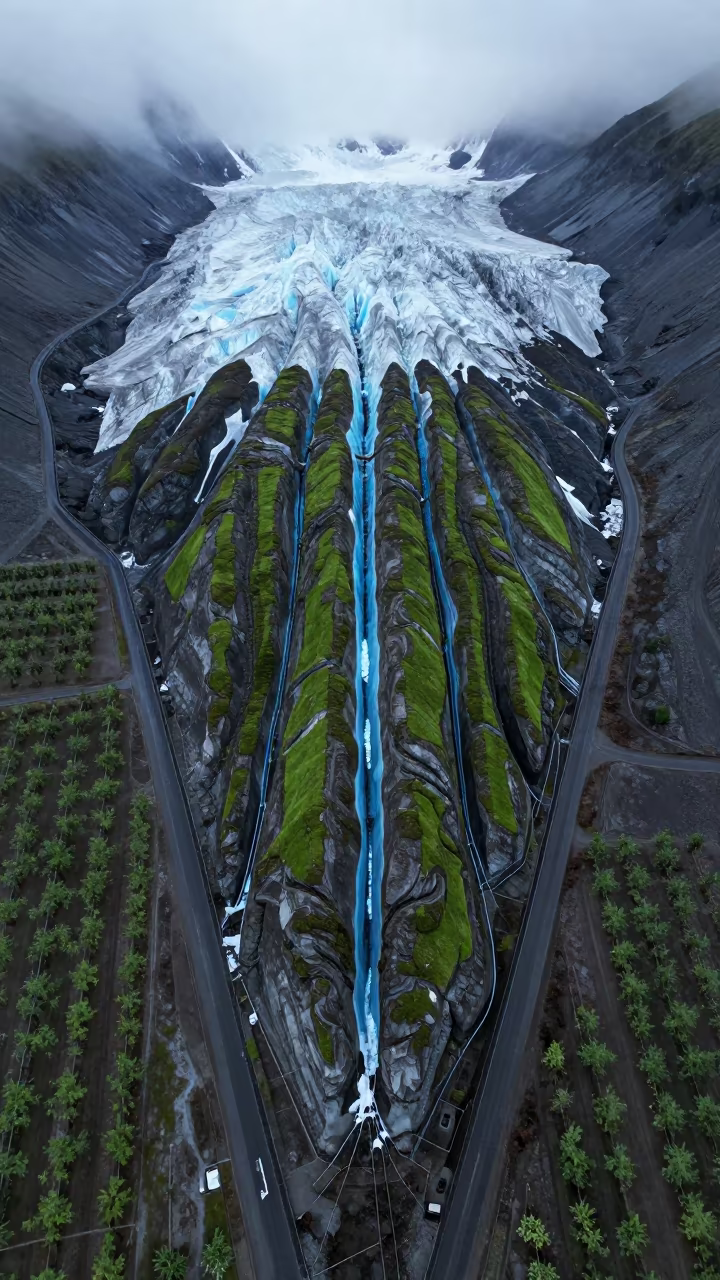 Glacier Crevasse Aerial View Over Orchard in far above orchard blocks and irrigation lines near Anchorage