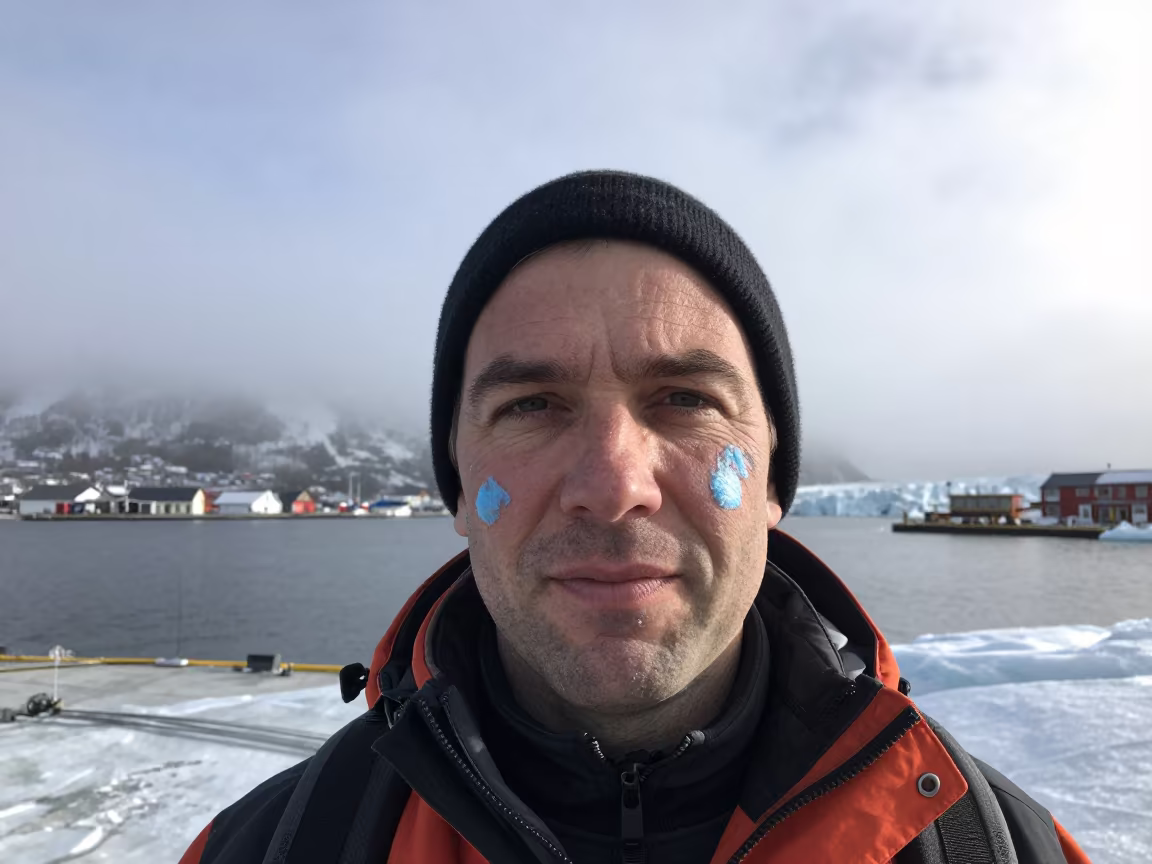 Glacier Guide with Blue Light on Cheeks in at a harbor edge in Oslo