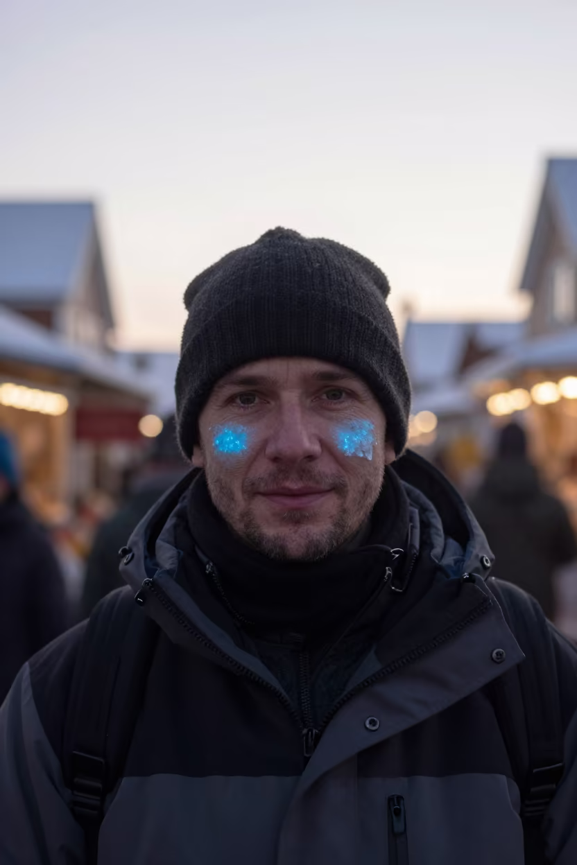 Glacier Guide Face Blue Light Fairbanks Midnight Sun in along a market lane in Fairbanks