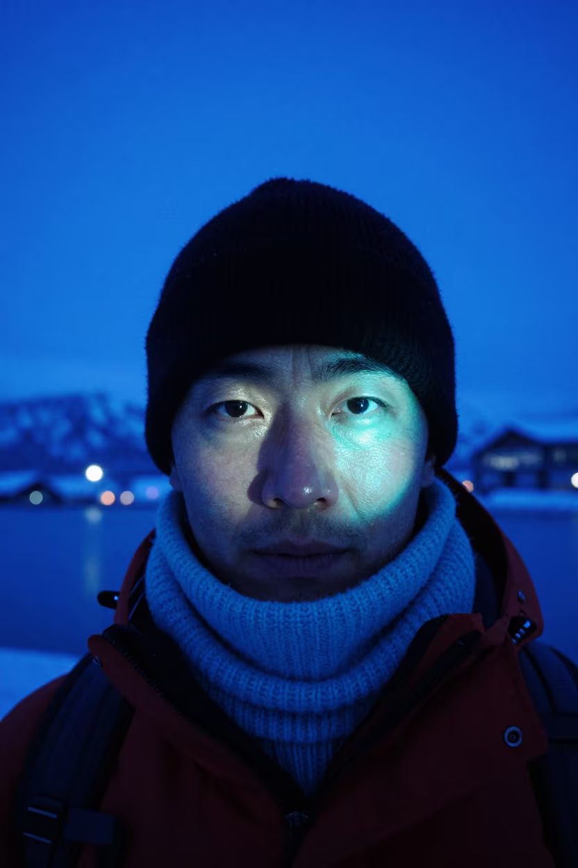 Glacier Guide Face in Neon Harbor Light in at a harbor edge in Sapporo