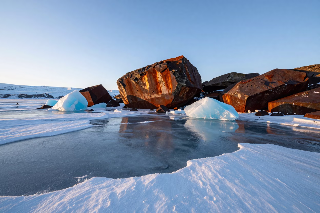 Glacier Ice and Iron Rock Winter Floodplain in across a floodplain after rain in Northwest Territories
