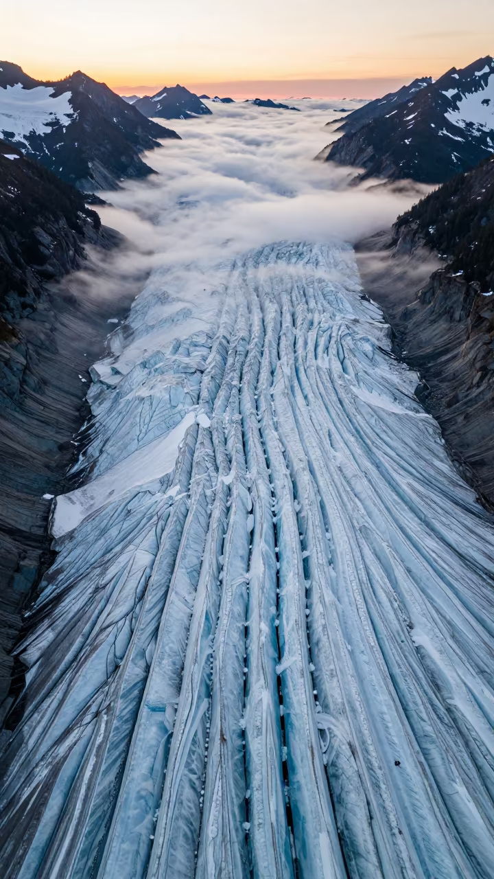 Glacier Moraine Mist at Dawn Over Vancouver Valley in across a wide valley floor near Vancouver