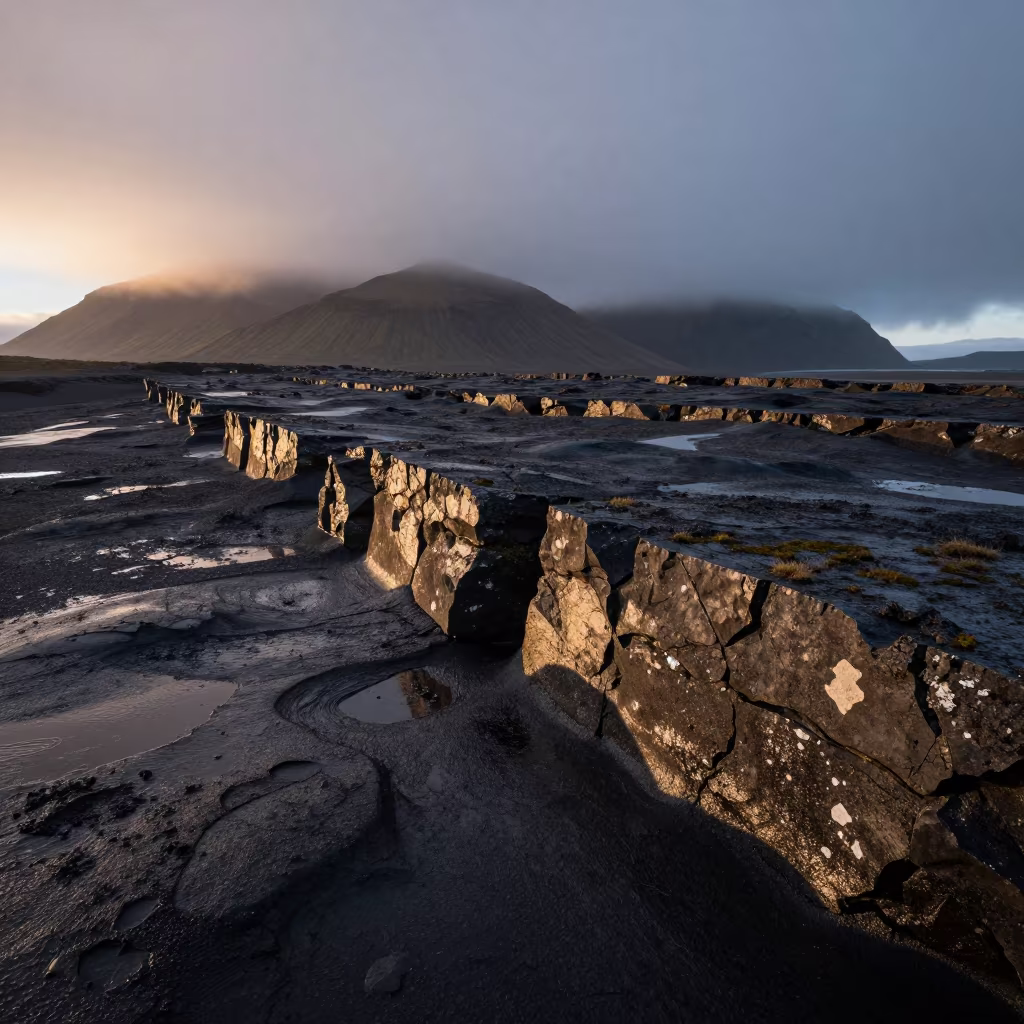 Glacier Moraine Tidal Pools Under Dawn Clouds in from a ridge above layered foothills near Reykjavik
