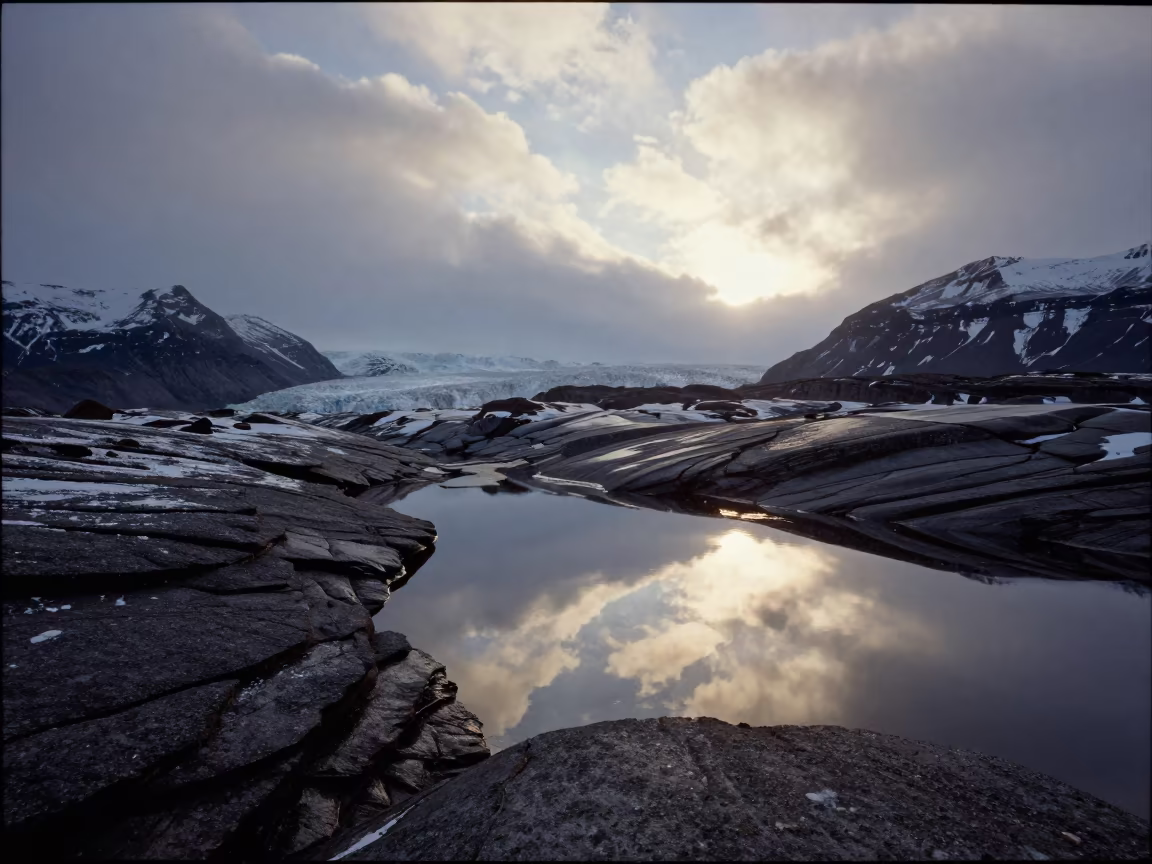 Glacier Moraine Tidal Pools Under Midnight Sun in across a wide valley floor near Fairbanks