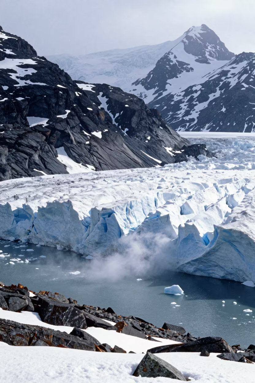Glacier Tongue Calving Into Fjord Near Whitehorse in from a ridge above layered foothills near Whitehorse