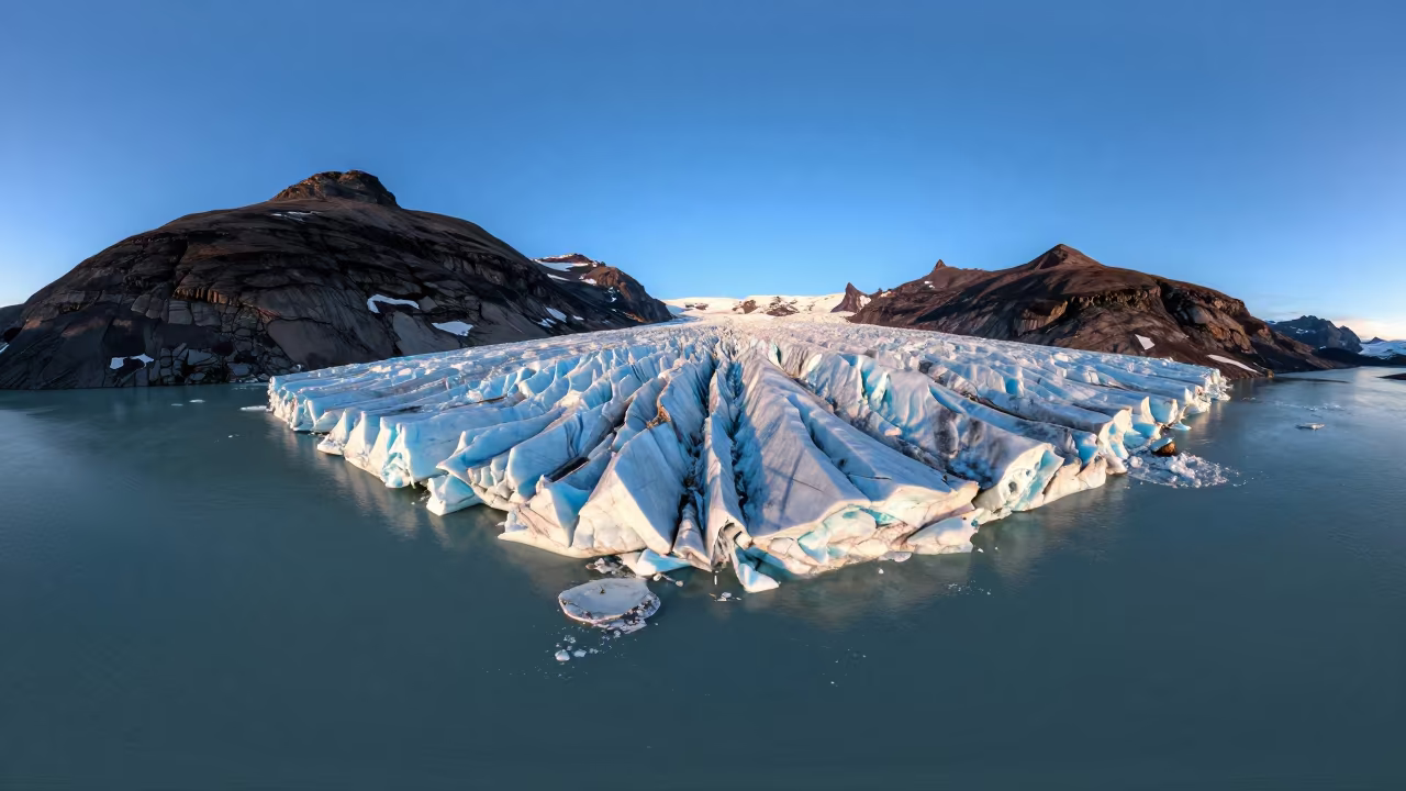 Glacier Tongue Calving into Turquoise Water at Blue Hour in from a ridge above layered foothills in Finland