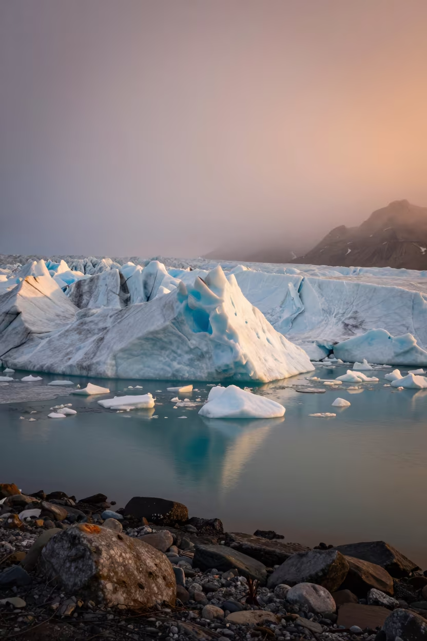 Glacier Tongue Calving Into Turquoise Water in along a wave-cut shoreline in Lapland