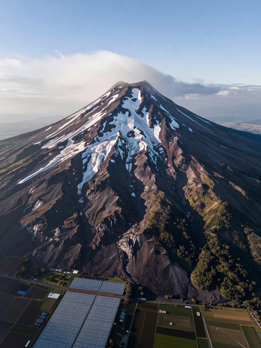 Glaciers on Stratovolcano Flanks Aerial View in high over greenhouse grids near Cerro Santa Lucia, Santiago