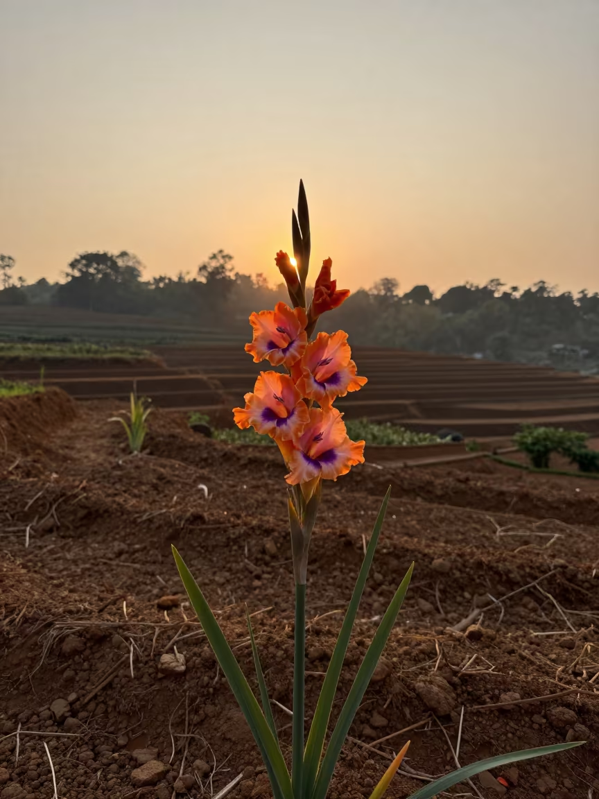 Gladiolus Spike in Assam Garden Sunset in among terraced garden plots in Assam