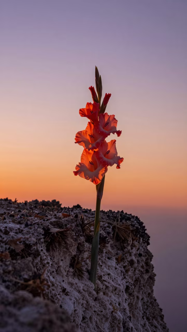 Gladiolus Spike on Comoros Cliff at Sunset in along a salt-sprayed cliff edge in Comoros
