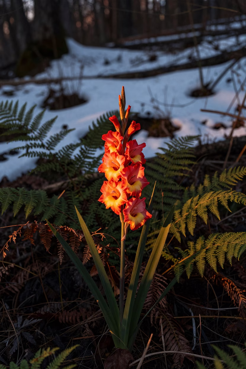 Gladiolus Spike on Snowy Forest Floor in on a fern-lined forest floor in Azerbaijan