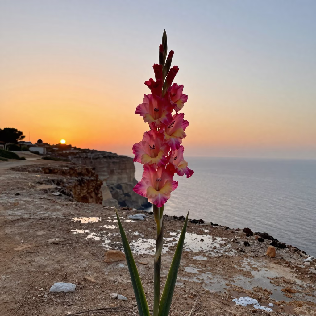 Gladiolus Spike Sunset Cliff Edge Valencia in along a salt-sprayed cliff edge in Valencia
