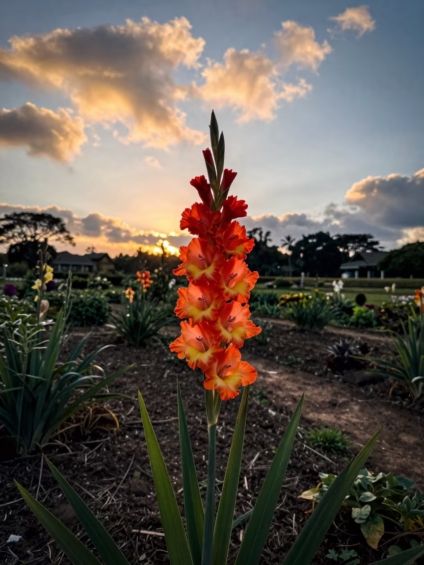 Gladiolus Spike in Sunset Light Port Harcourt Garden in among terraced garden plots near Port Harcourt