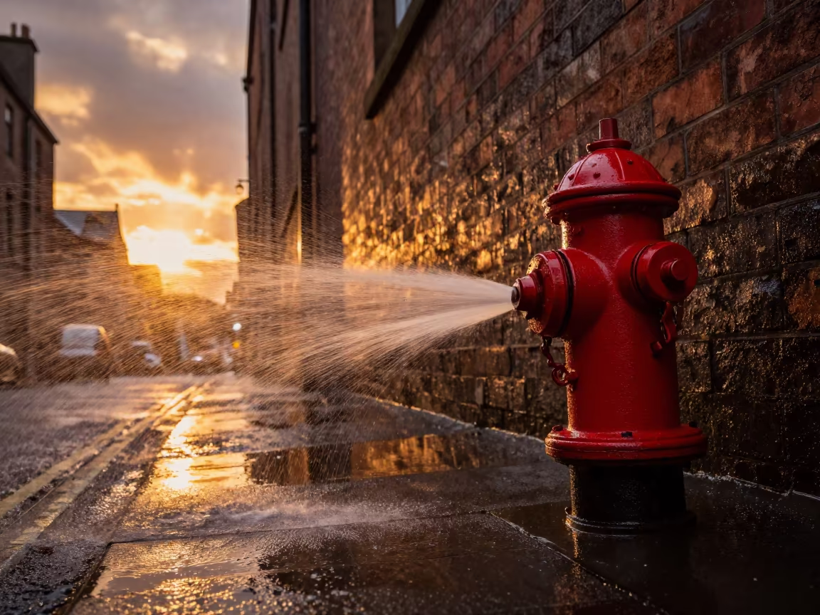 Glasgow Alley Fire Hydrant Spray Sunset in outside a metro entrance in Glasgow