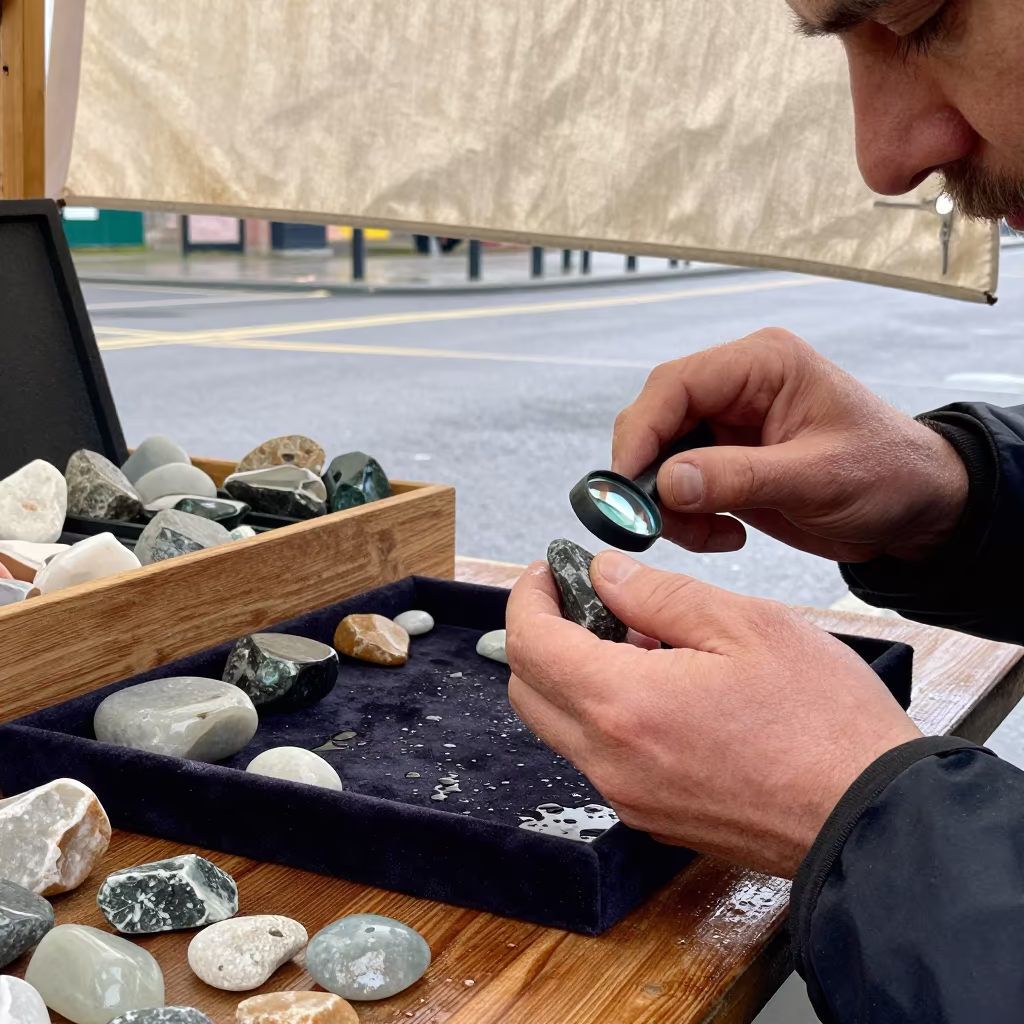 Glasgow Gem Vendor Sorting Stones Under Loupe in at a market stall in Glasgow