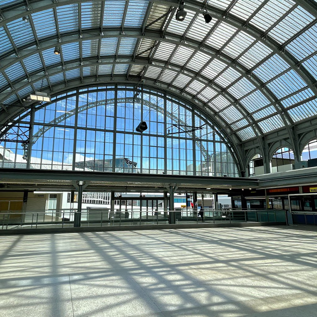 Glass and Steel Christchurch Railway Station Arched Roof Midday Light in in Christchurch, New Zealand