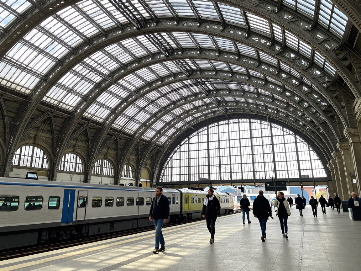 Glass and Steel Train Station Arched Roof Bright Midmorning Light Berlin Germany in in Berlin, Germany