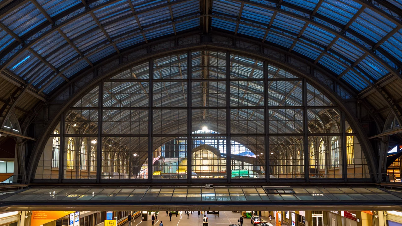 Glass and Steel Train Station Arched Roof Sydney NSW City Lights Glow 1980s in in Sydney, New South Wales, Australia