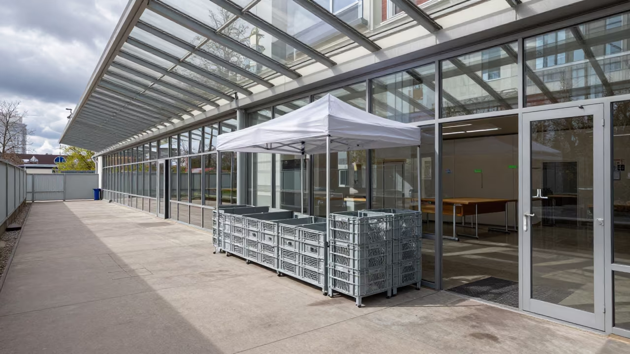 Glass Arcade Adoption Crate Midmorning Light in inside a glass-roofed arcade near Frankfurt