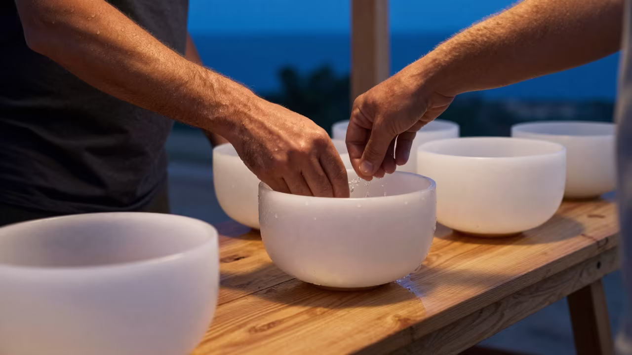 Glass Armonica Player Blue Hour Twilight in on a wooden workbench in Heraklion