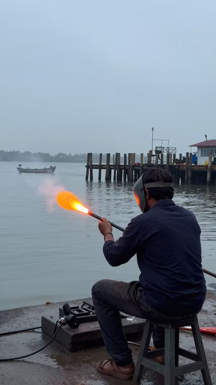 Glass Artist Pulling Sculpture at Pune Harbor Morning in at a harbor edge in Pune