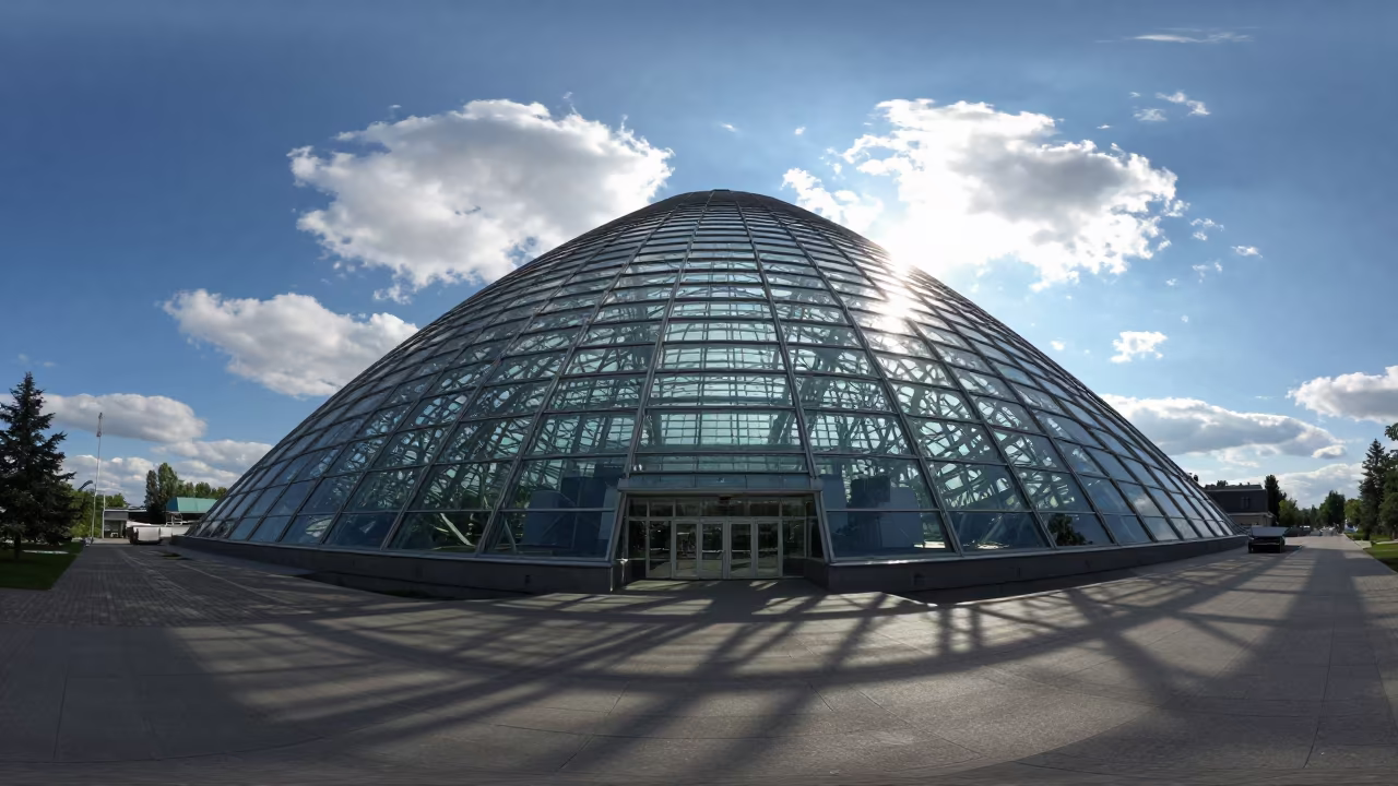 Glass Atrium Tower in Siberian Summer Plaza in across a formal civic plaza in Siberia