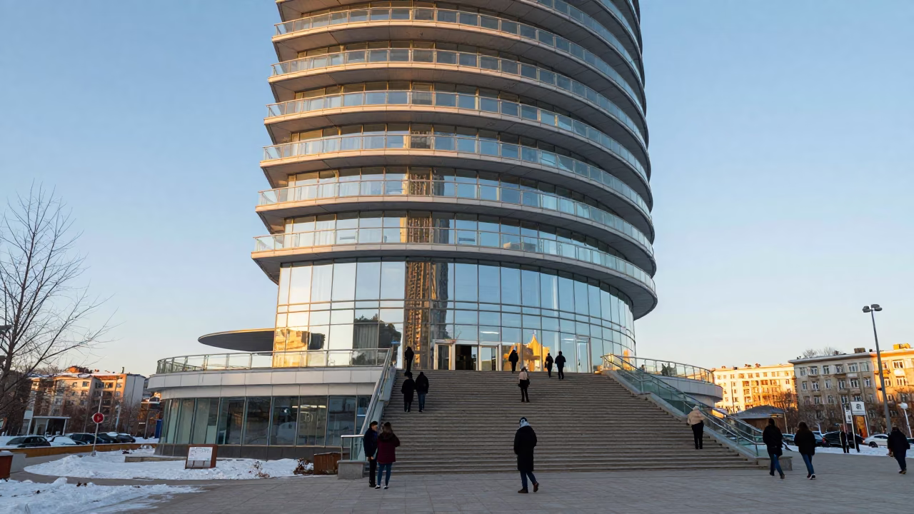 Glass Atrium Tower in Winter Golden Hour in at the base of a monumental staircase near Irkutsk