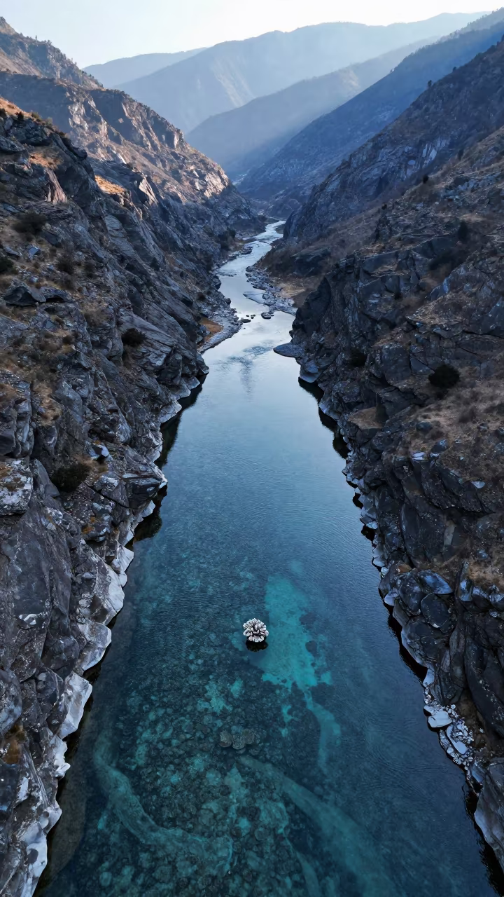 Glass Barrier Reef Over Thimphu Mountain Valley in at a rocky saddle overlooking a mountain valley near Thimphu