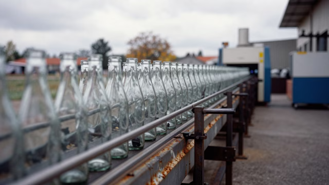 Glass Bottles on Industrial Conveyor in Asuncion in in a machine shop near Asuncion