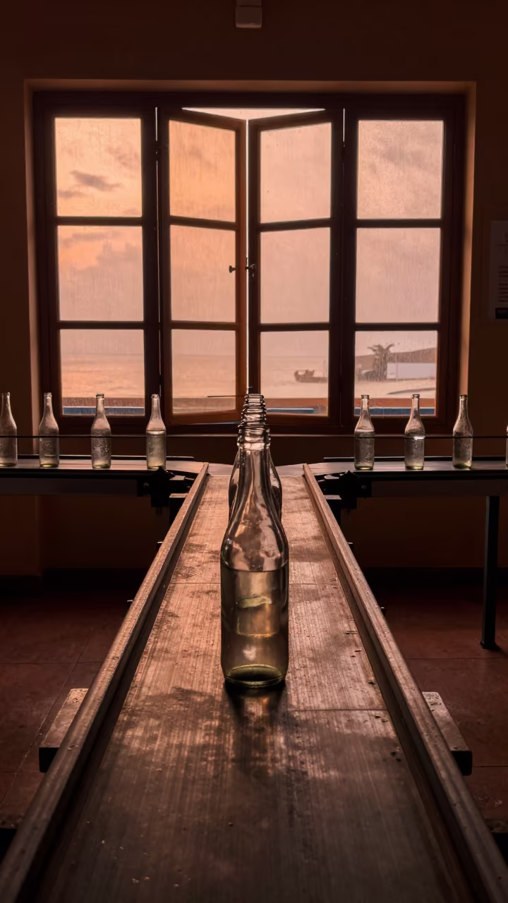 Glass Bottles on Conveyor in Museum Plinth in on a museum plinth in Machilipatnam