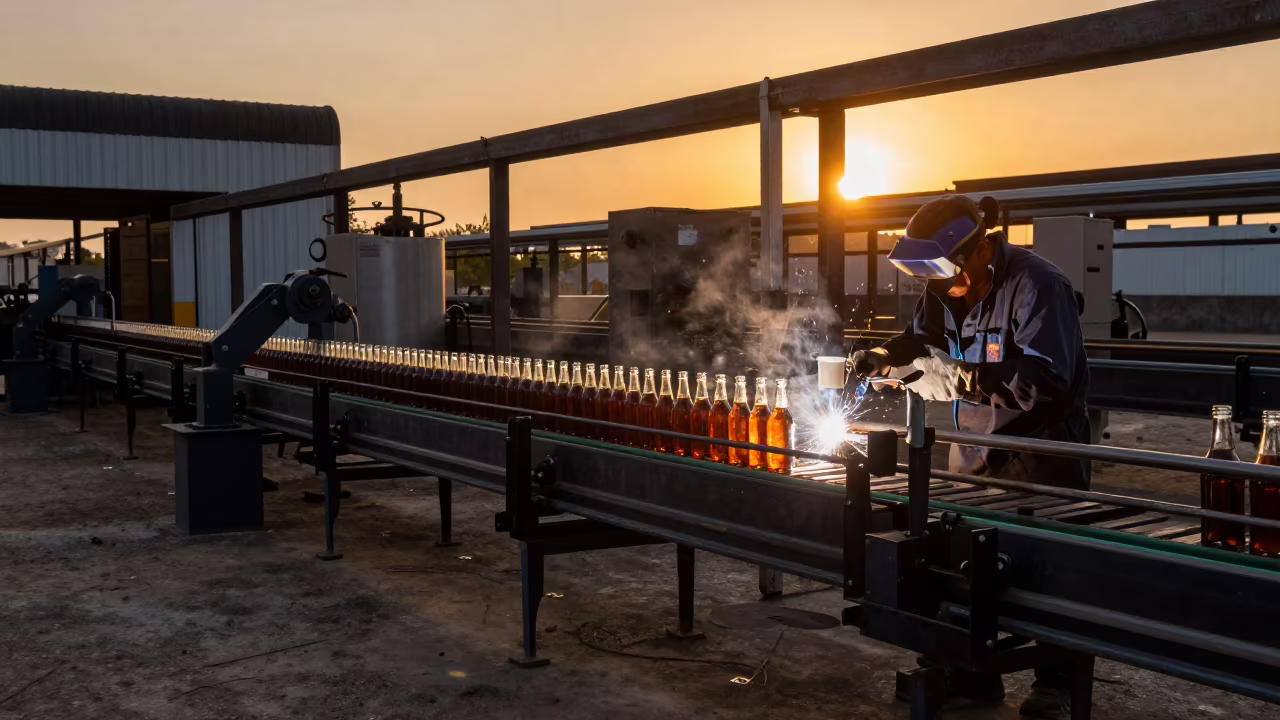 Glass Bottles on Conveyor in Welding Bay in in a welding bay near Piura