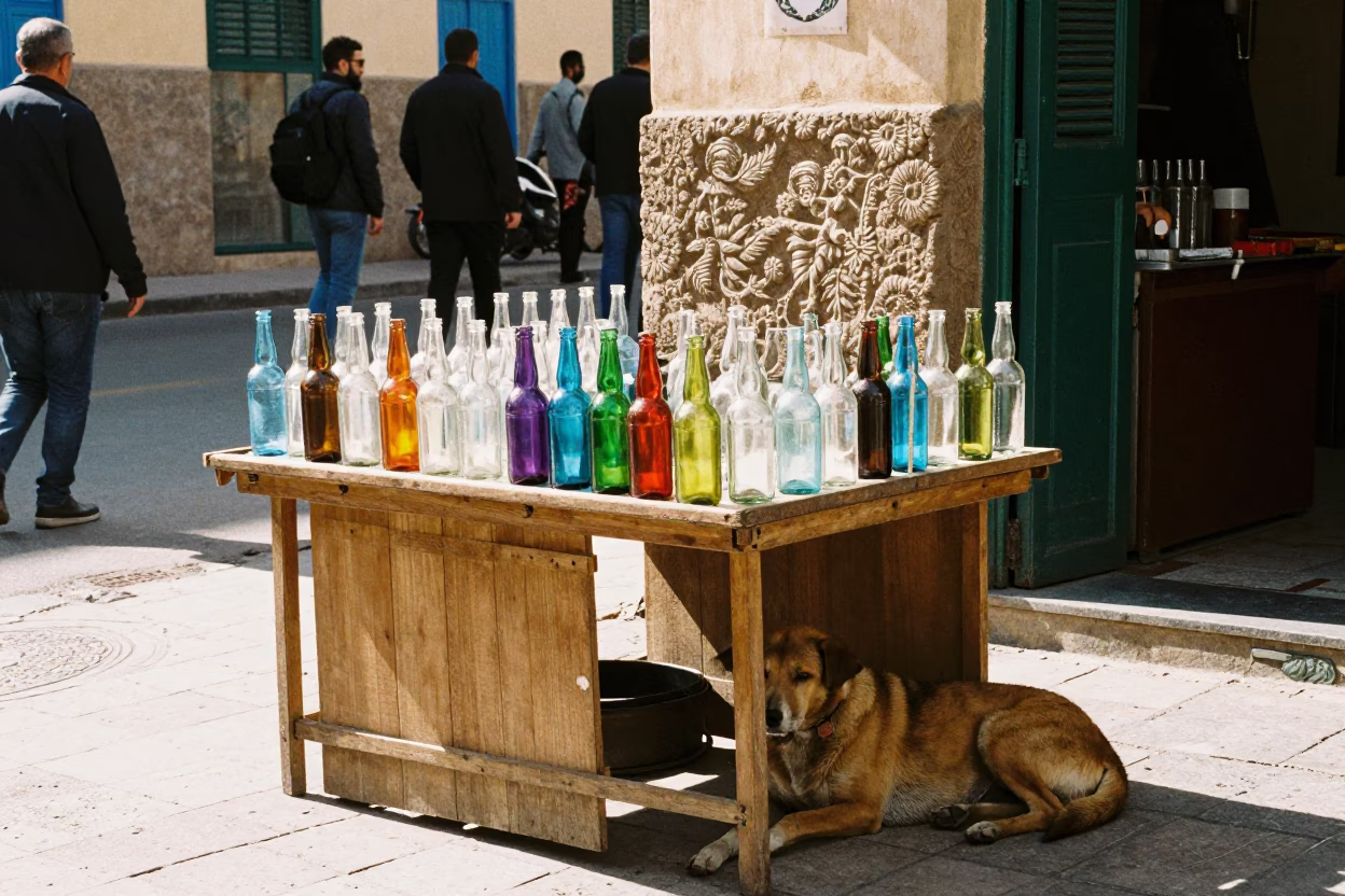 Glass Bottles in Casablanca at Afternoon Light in in Casablanca, Morocco