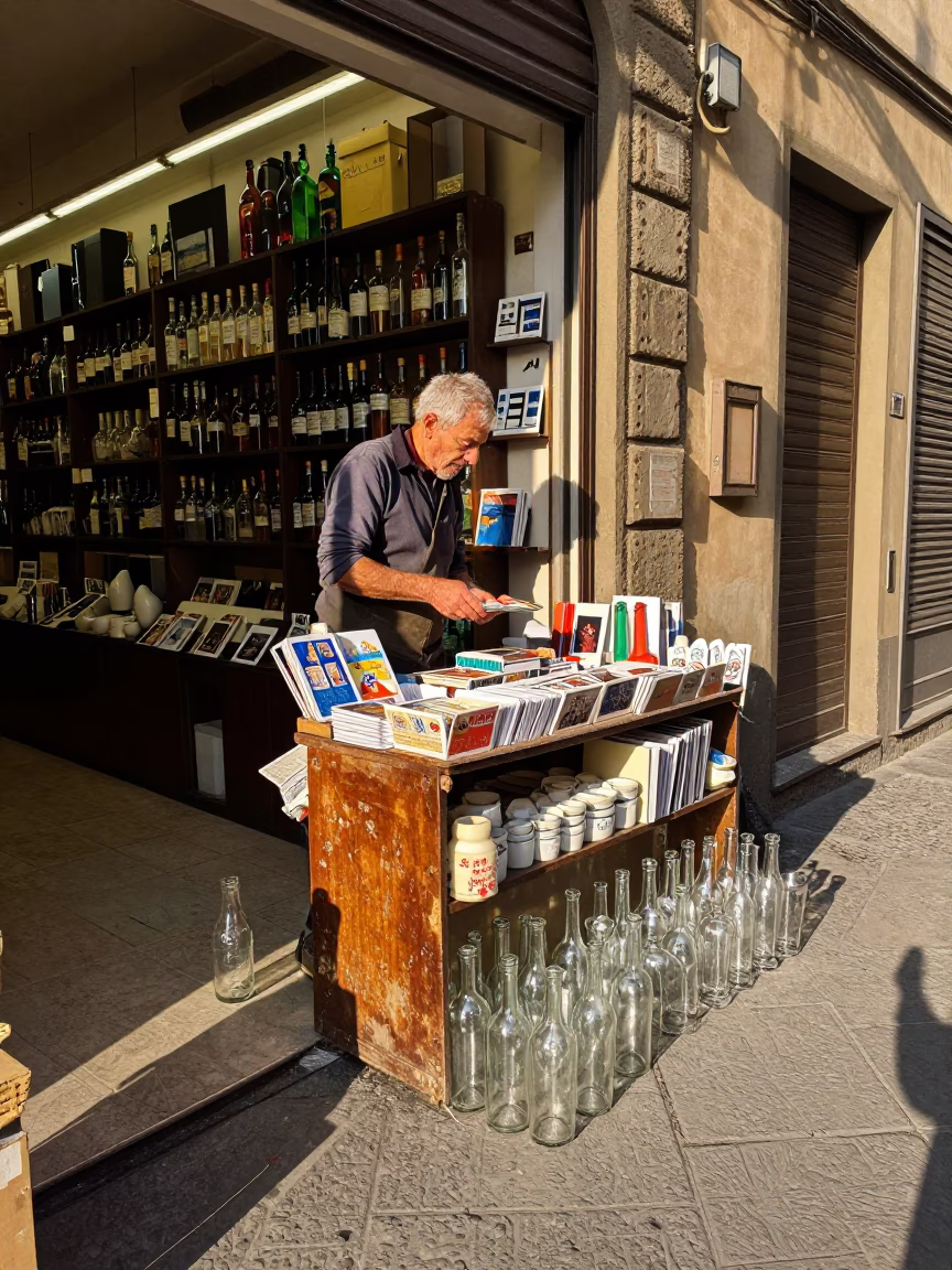 Glass Bottles in Florence at The Late Afternoon Light in in Florence, Italy