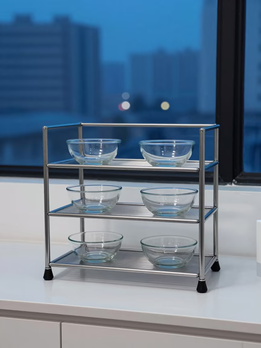 Glass Bowls Drying on Shelf in Blue Hour in inside a skincare treatment room in Ciudad del Carmen