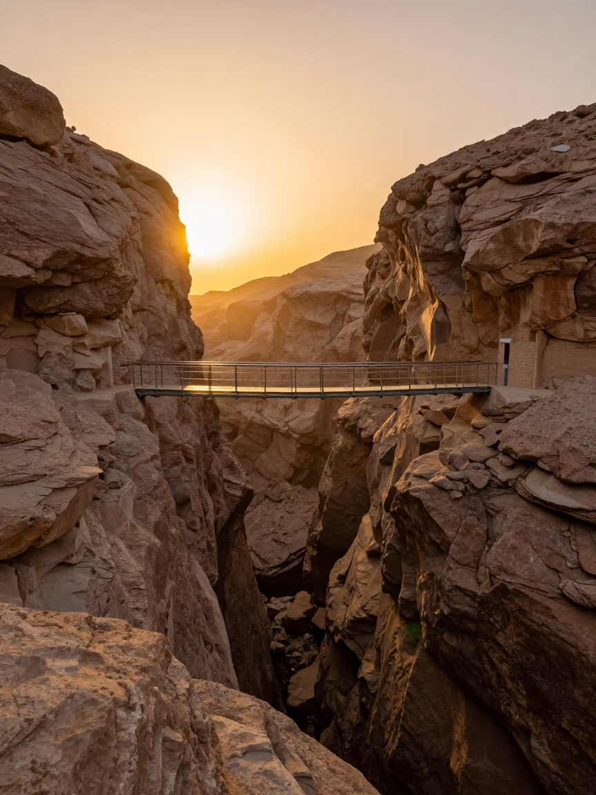 Glass Bridge Over Canyon at Sunset in Oman in in Oman