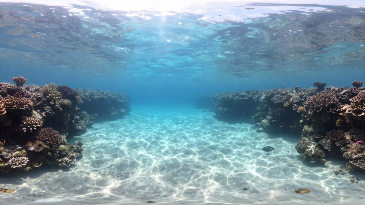Glass Calm Lagoon Behind Reef Crevice Noon Light in beside a reef crevice under clear water near Denpasar