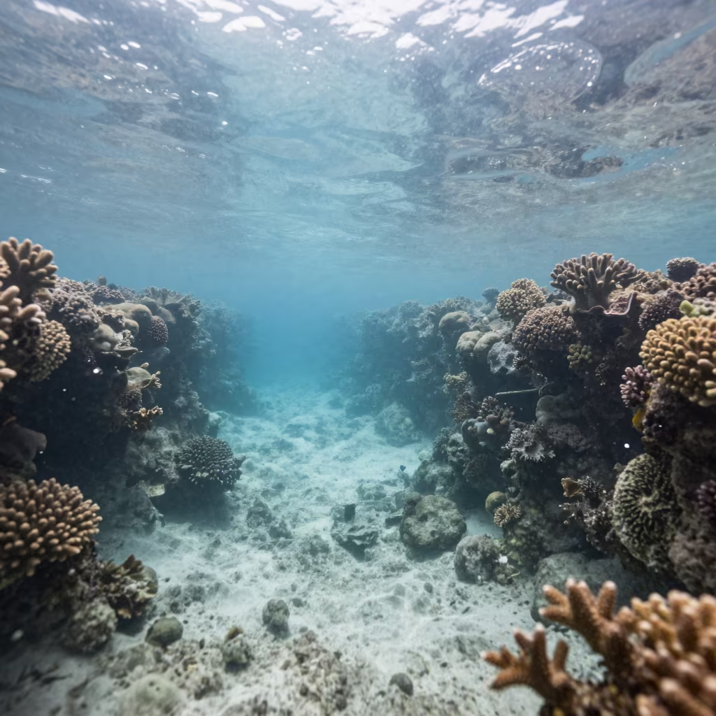 Glass calm lagoon behind reef crevice Stone Town in beside a reef crevice under clear water near Stone Town