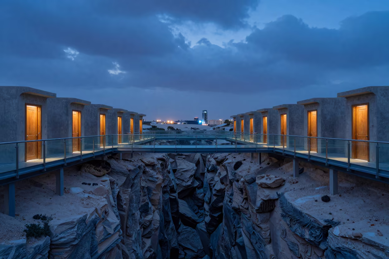 Glass Canyon Bridge with Identical Doors in near Doha