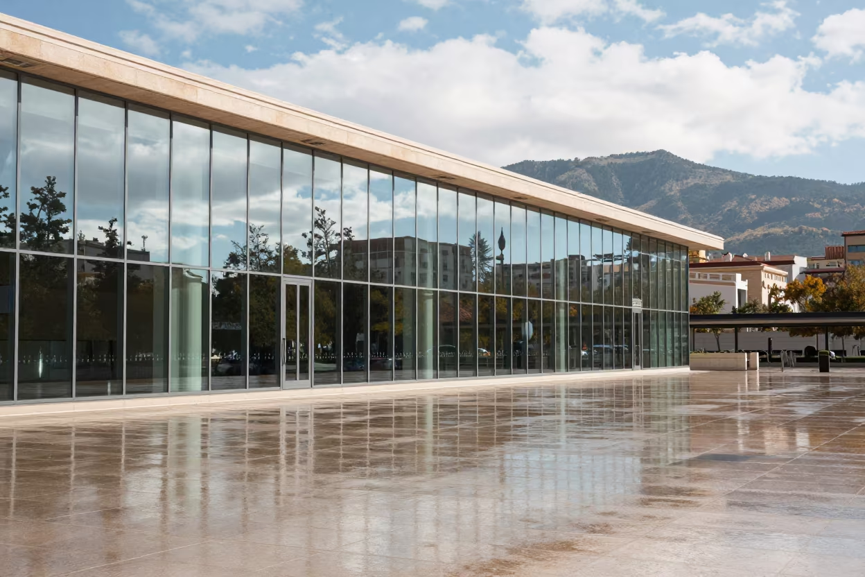Glass Curtain Wall and Wet Paving Valencia Plaza in across a formal civic plaza in Valencia