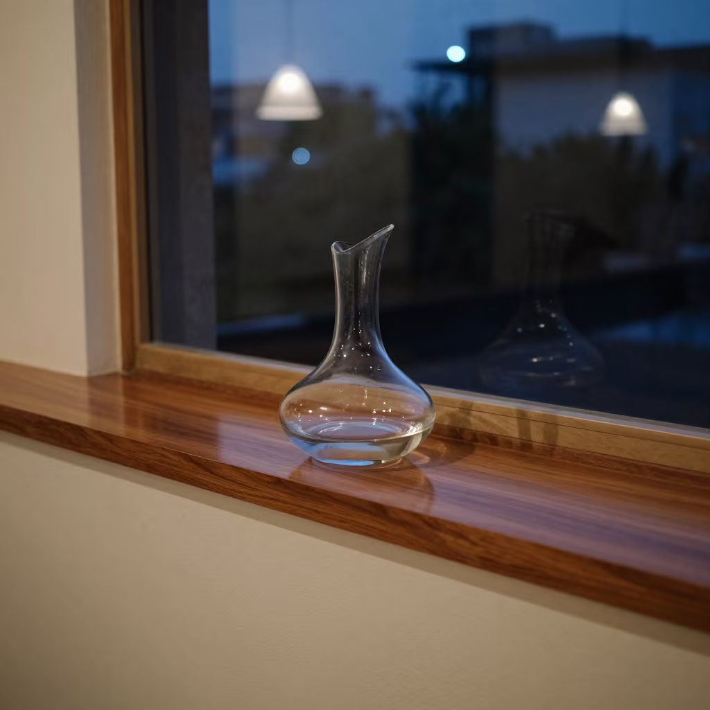 Glass Decanter on Polished Sideboard in Madurai in on a painted display ledge in Madurai