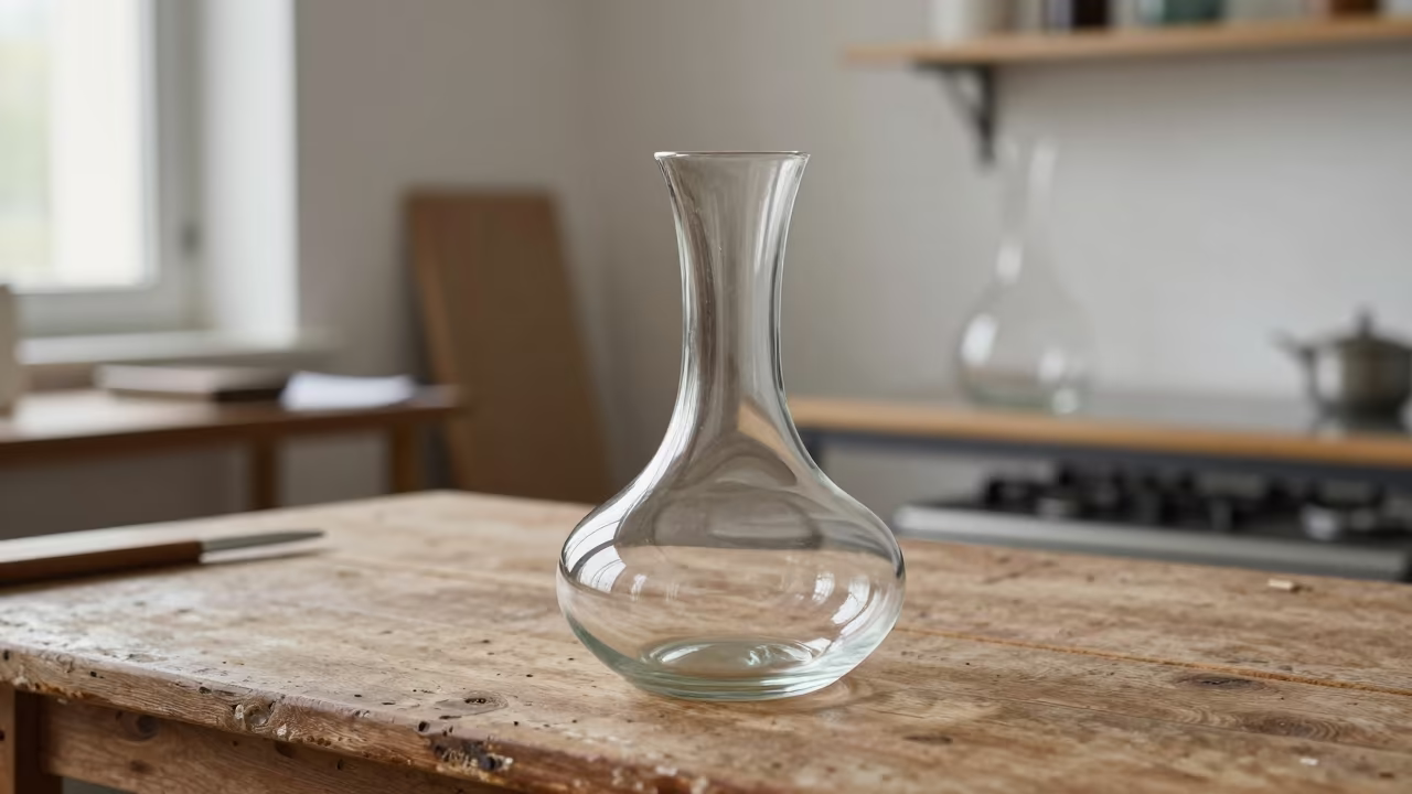 Glass Decanter Noon Light Marseille Workbench in on a wooden workbench in Marseille