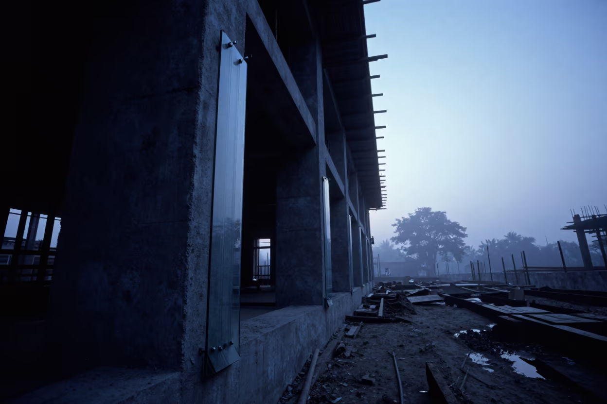 Glass Edge Protector Tub in Bangladesh Evening Silhouette in beside a framed building shell in Bangladesh