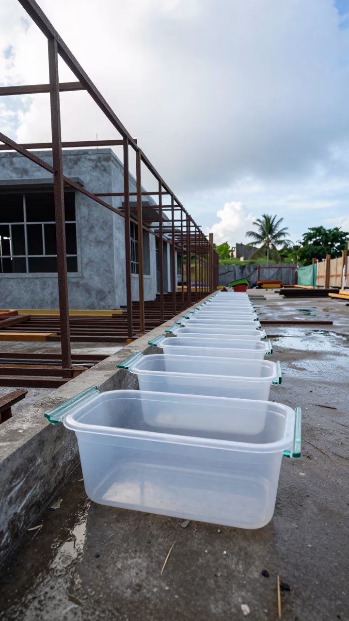 Glass Edge Protector Tub at Comoros Construction Site in beside a framed building shell in Comoros