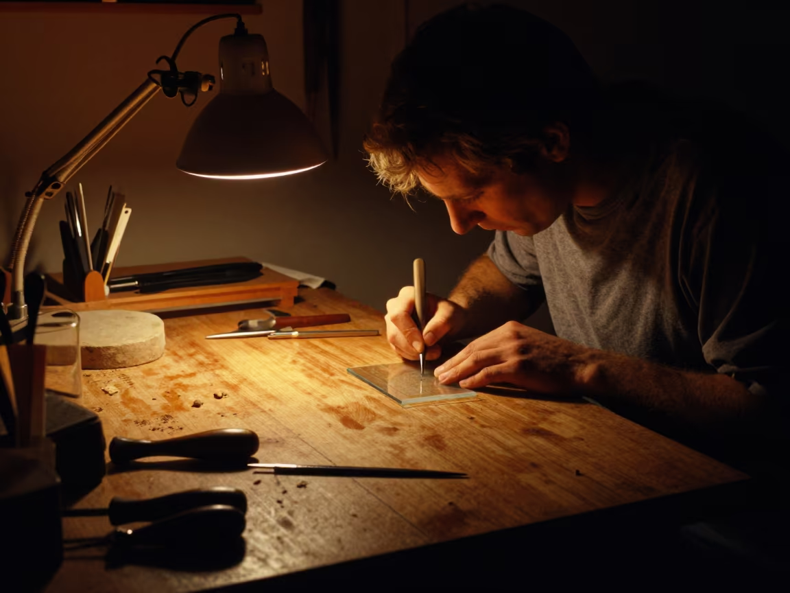 Glass Engraver at Workbench Under Firelight in on a workshop shelf near Aarhus