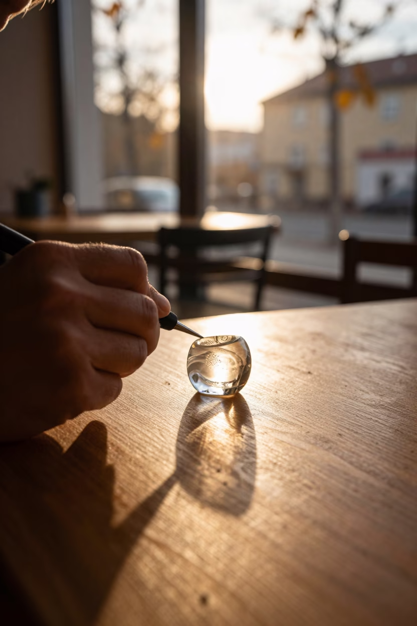 Glass Engraver Working at Samara Cafe Table in on a cafe table by a window in Samara