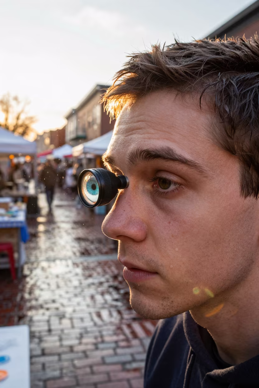 Glass Eye Painter with Magnifier in Philadelphia Market Lane in along a market lane in Philadelphia